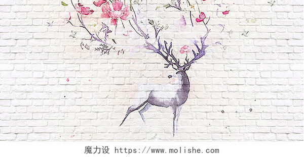 直播间背景墙复古手绘麋鹿背景墙壁纸墙纸壁画